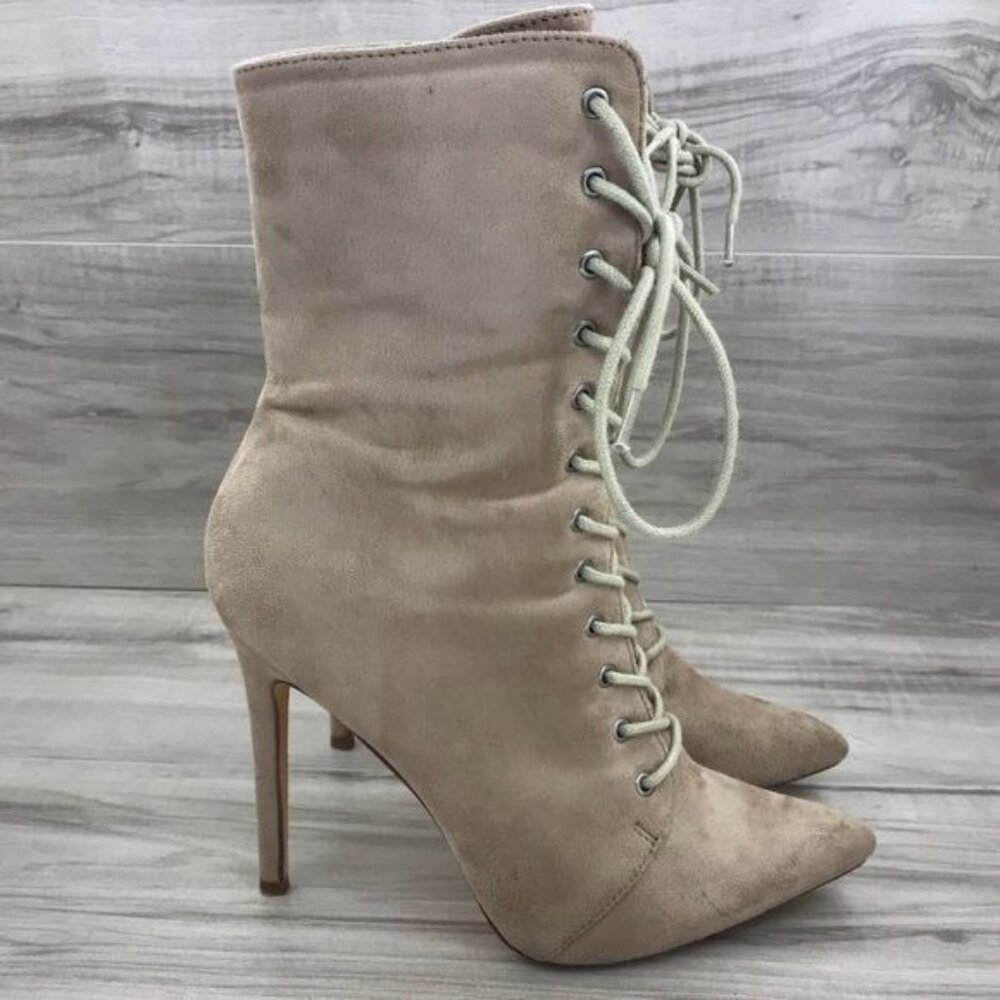 Olivia Ferguson Boots Womens 7.5 Tan Faux Suede Zip Lace Up Stiletto Heels